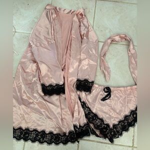 Women’s Pink Satin Lace Trim Robe & Short Set & Lingerie Set